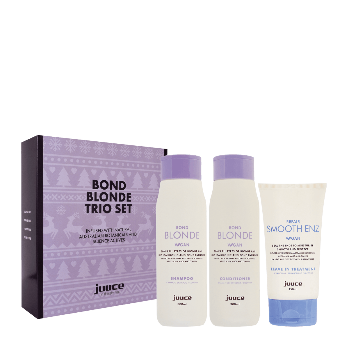 JUUCE Bond Blonde + Smooth Enz Trio to nourish and hydrate blonde hair while toning yellow or brassy tones