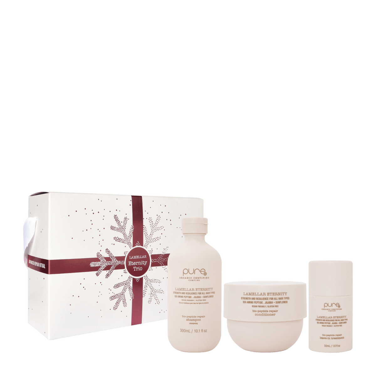 Pure Lamellar Eternity + Leave In Treatment Trio to fortify the inner structure of hair and restore softness