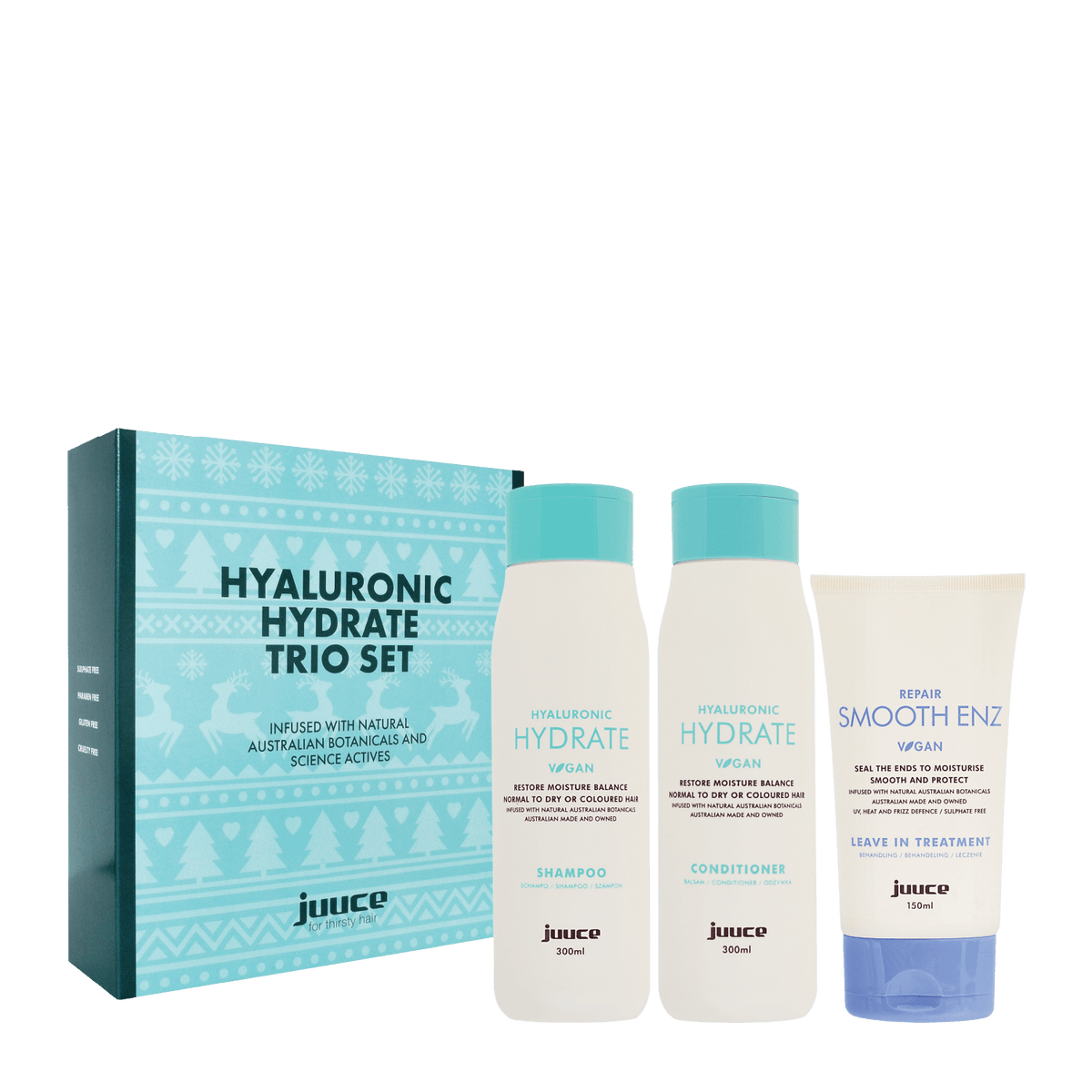 JUUCE Hyaluronic Hydrate + Smooth Enz Trio to restore natural moisture for normal to dry hair