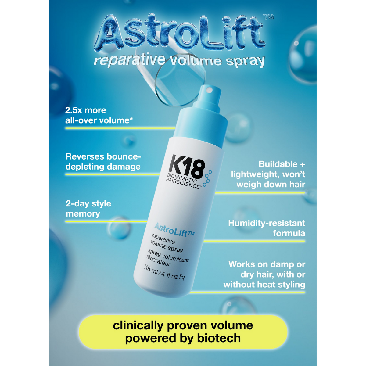 K18 Astrolift Reparative Volume Spray with humidity-resistant formula