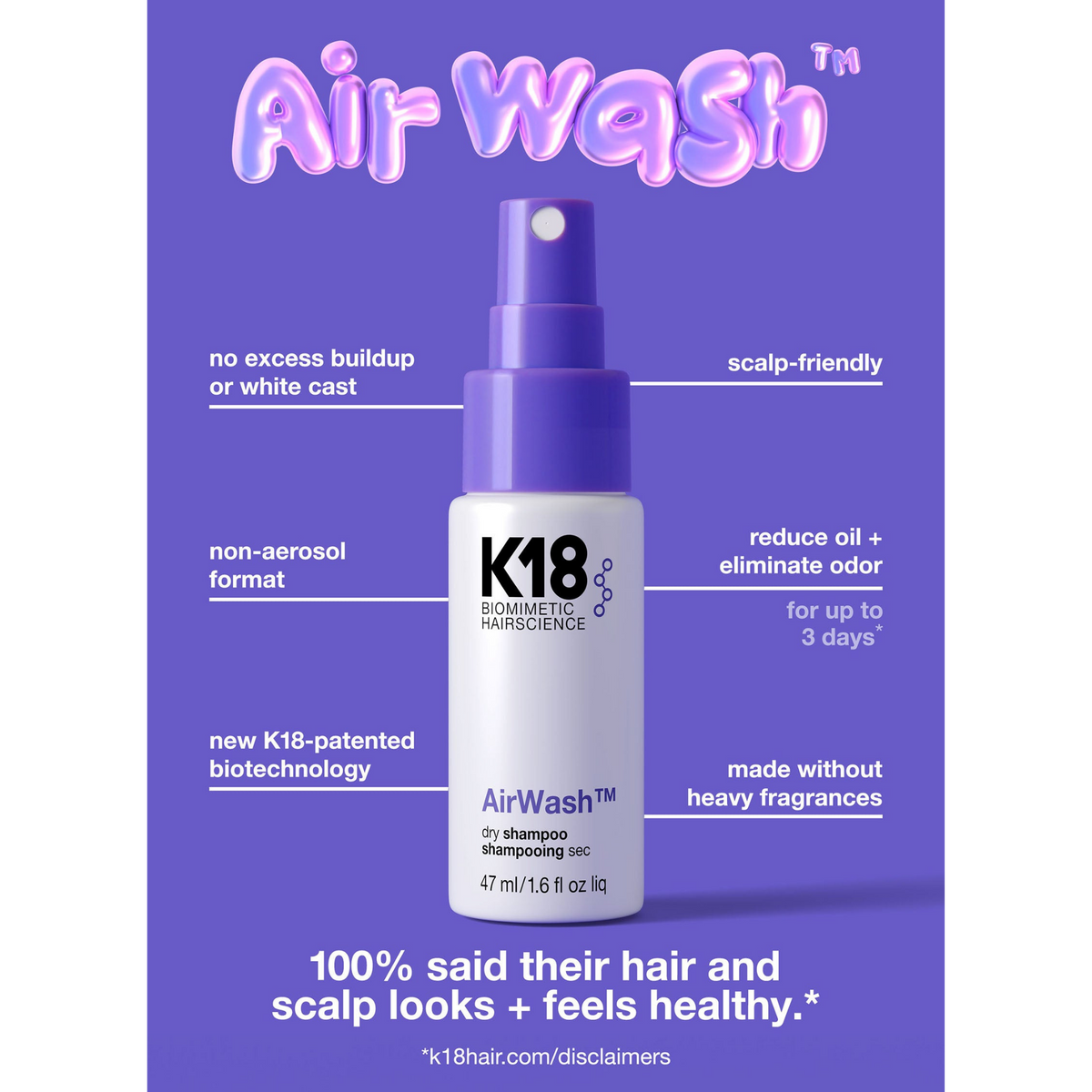 K18 Air Wash Dry Shampoo to reduce oil