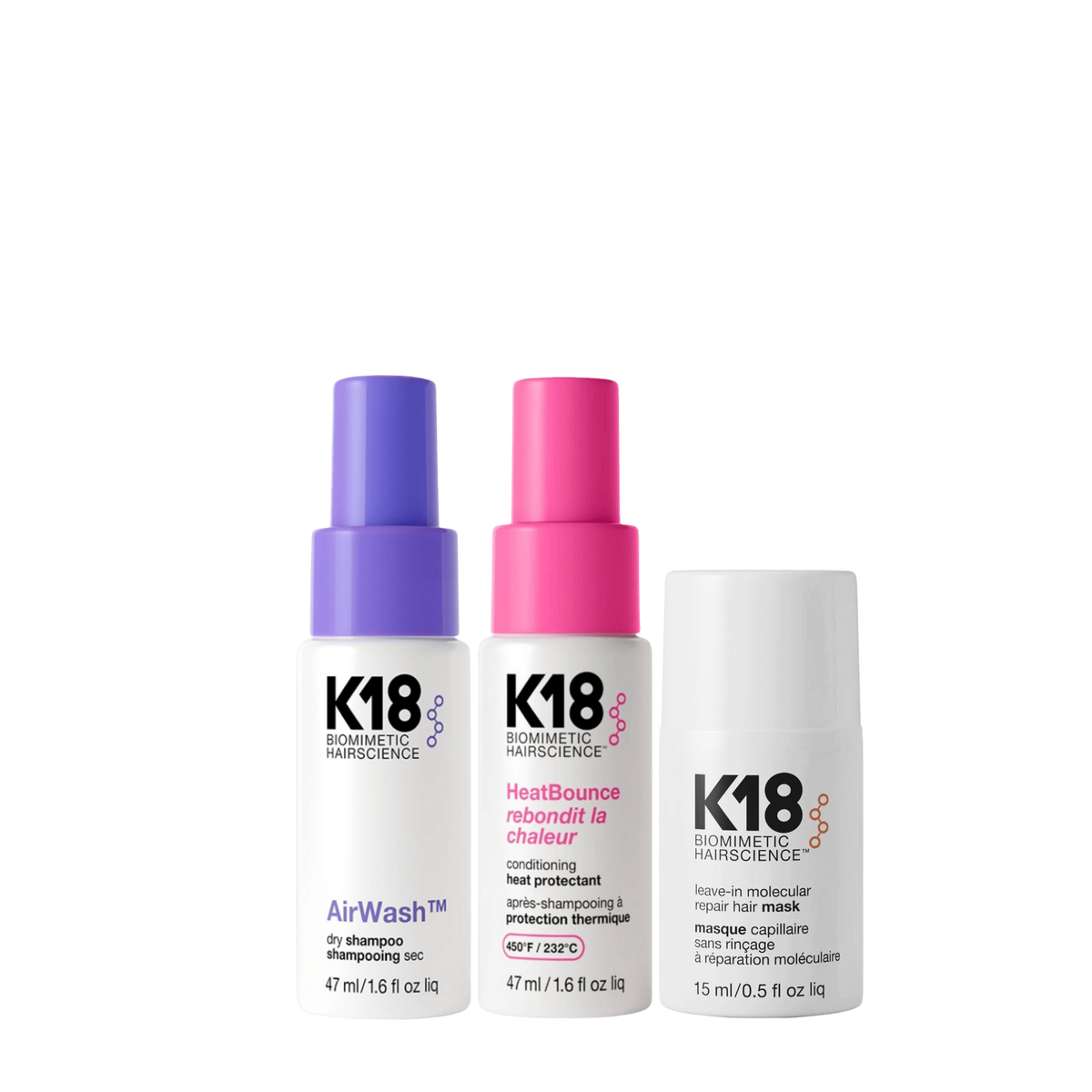 K18 Molecular Repair Mask & Styling Mini Trio to protect, repair and refresh hair on-the-go