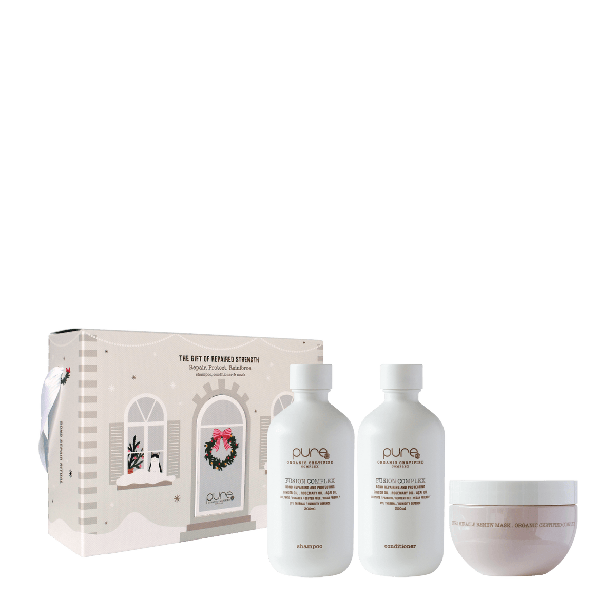 Pure Fusion Complex + Miracle Mask Trio to soothe and repair damaged hair