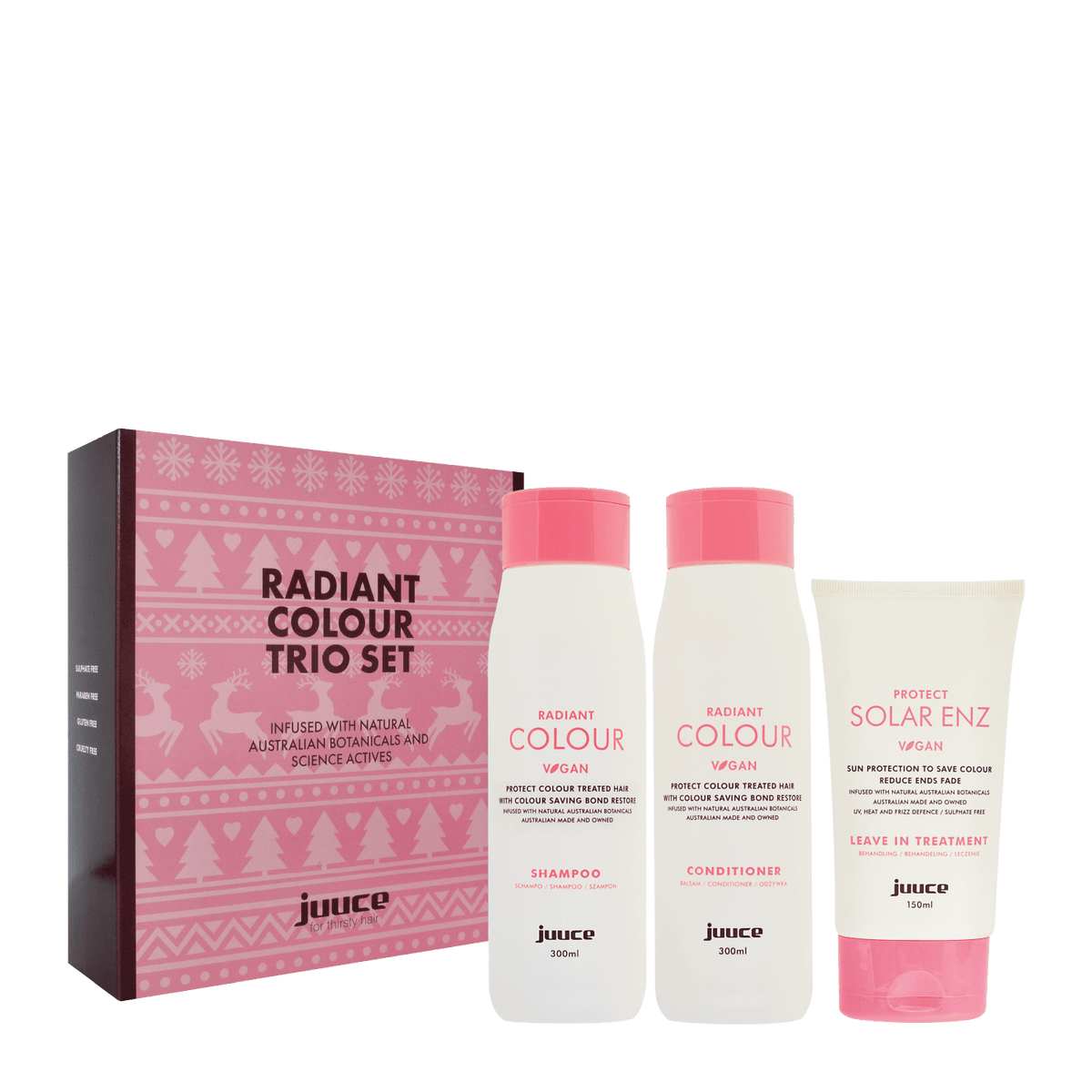JUUCE Radiant Colour + Solar Enz Trio to moisturise and repair while prolonging the life of colour-treated hair