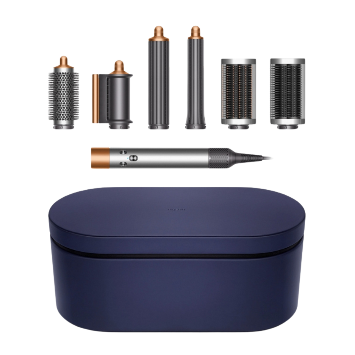 Dyson Airwrap Multi Styler with multiple attachments displayed alongside a blue storage case, showcasing the copper and nickel finishes.