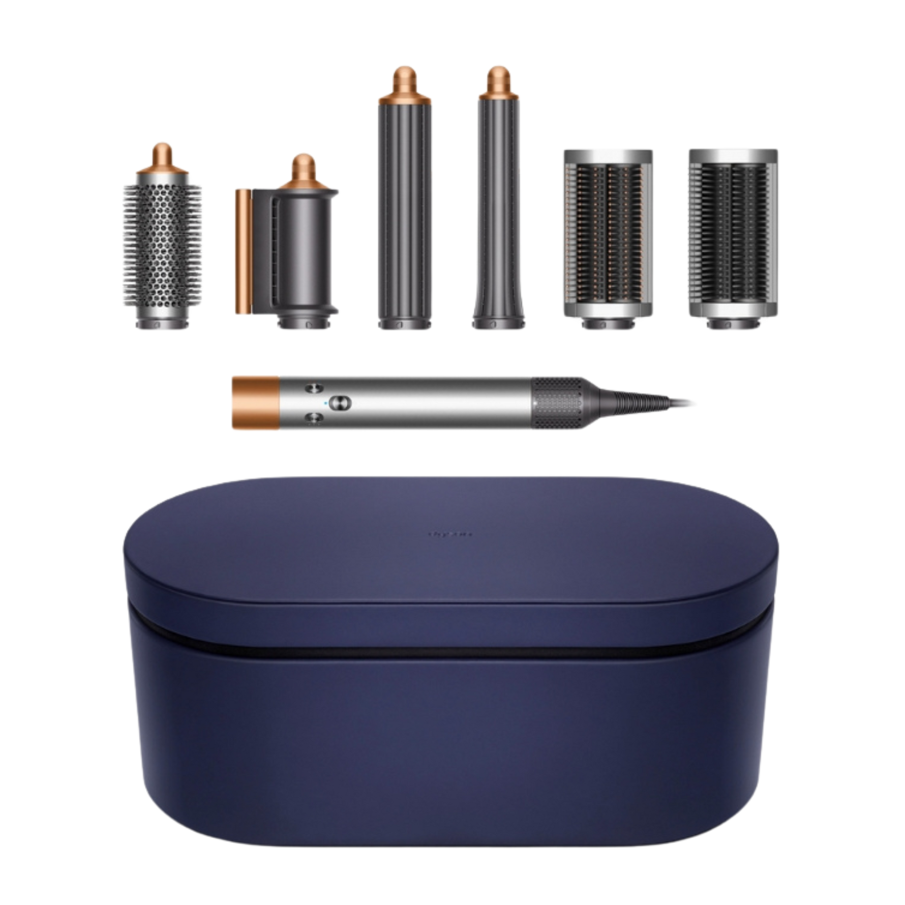 Dyson Airwrap Multi Styler with multiple attachments displayed alongside a blue storage case, showcasing the copper and nickel finishes.