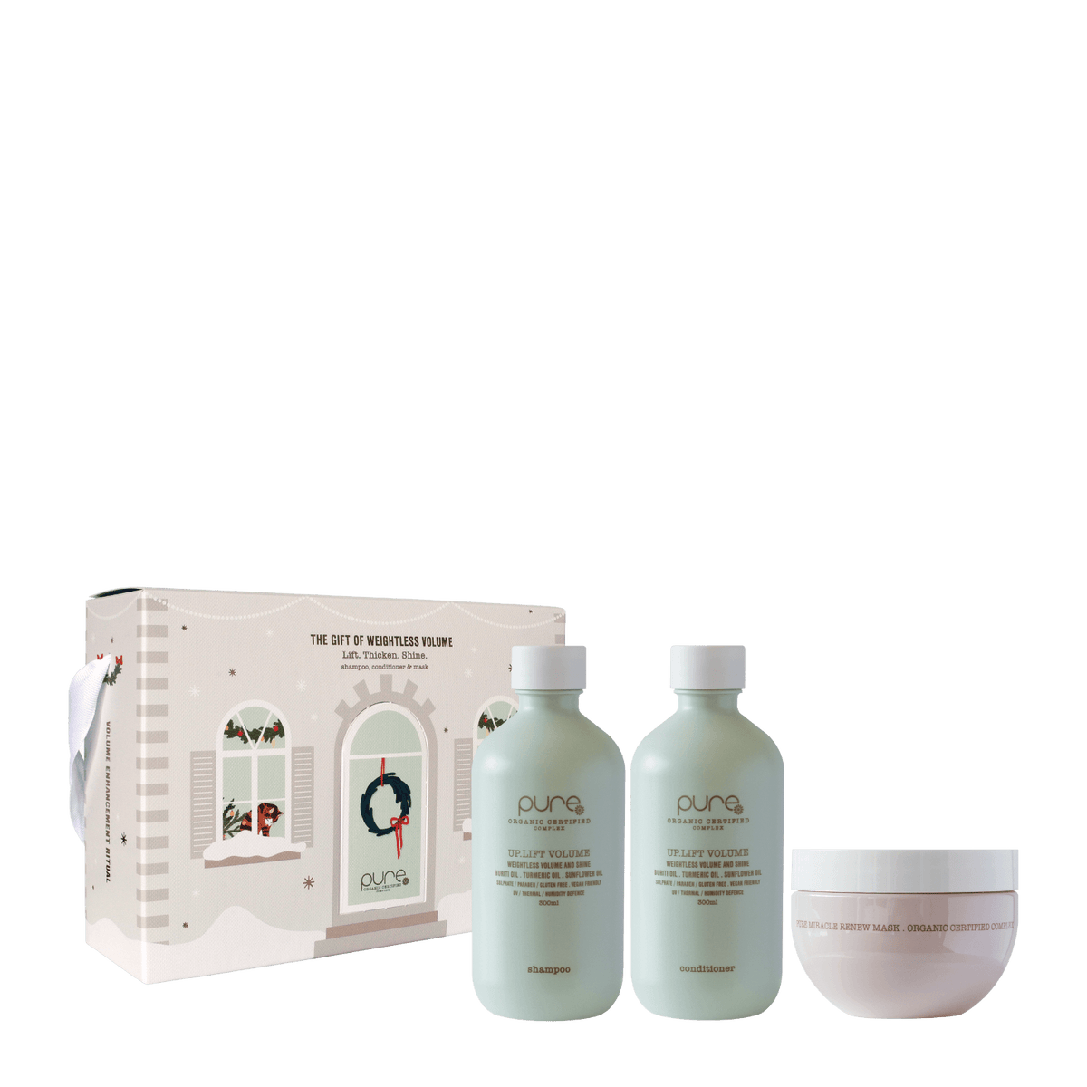 Pure Uplift Volume + Miracle Renew Mask Trio to add weightless volume for fine or flat hair