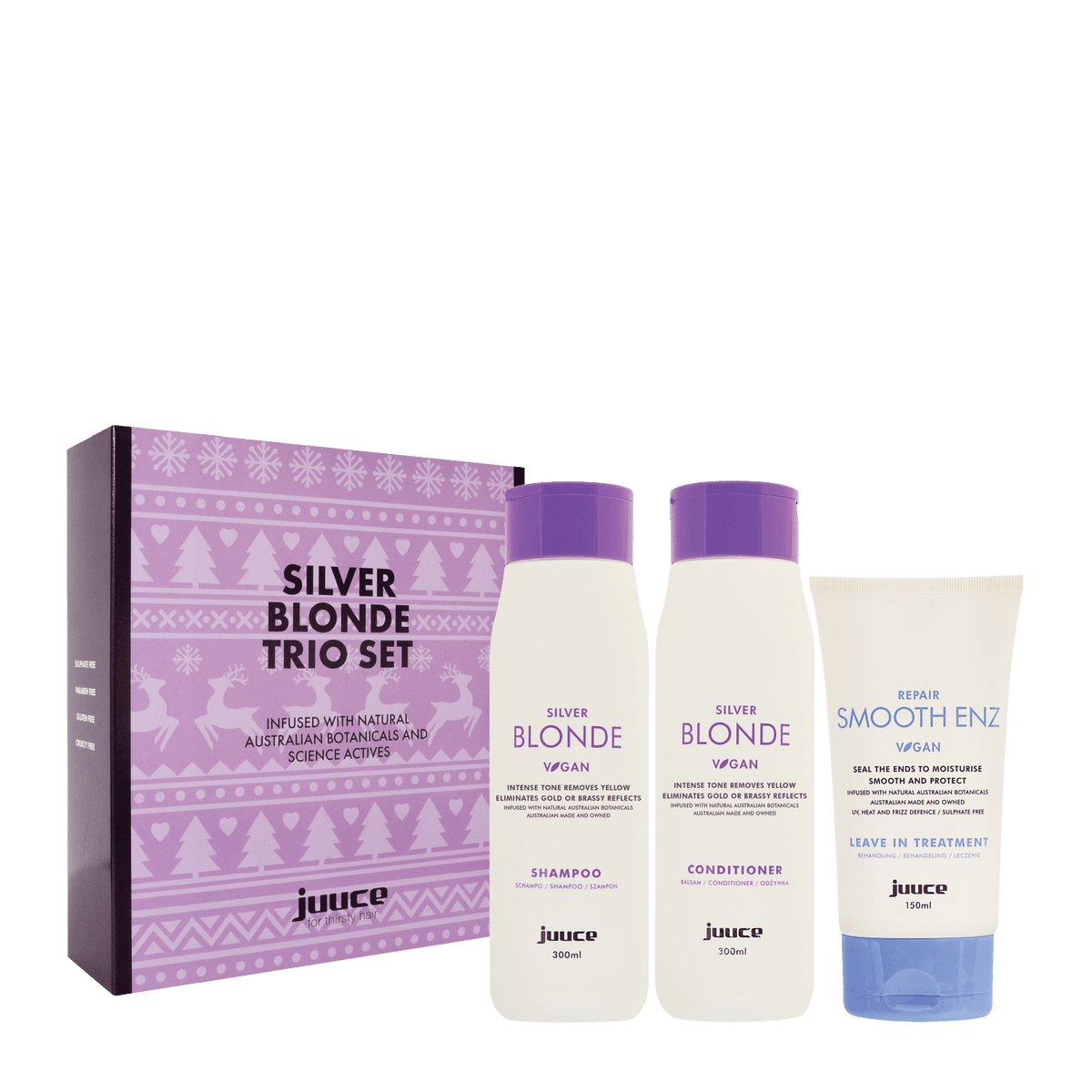 JUUCE Silver Blonde + Smooth Enz Trio to reduce gold and yellow tones in silver and bleached hair types