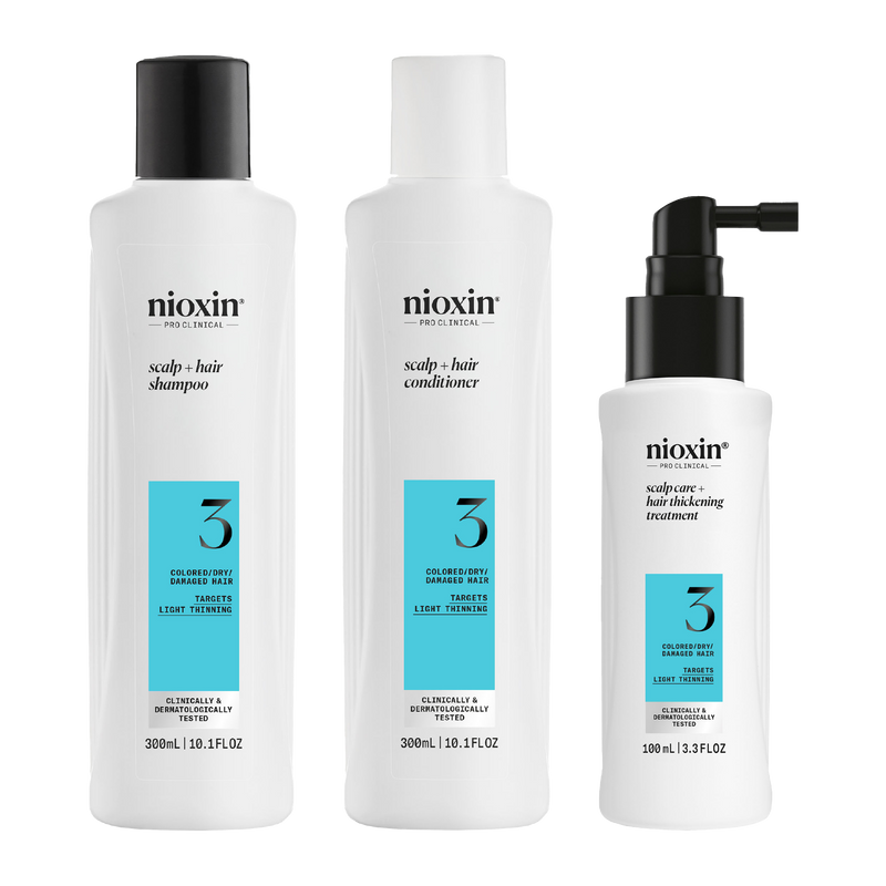 Nioxin Scalp + Hair Thickening System 3 Full Size Kit for Damaged Hair with Light Thinning